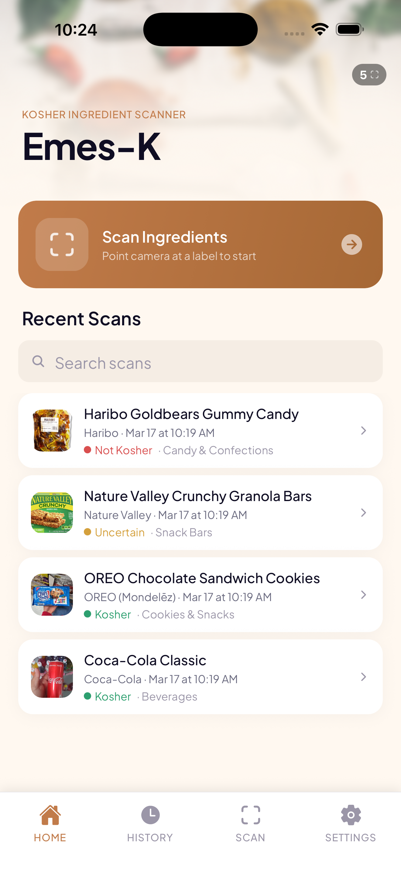 Emes-K home screen showing recent kosher scans
