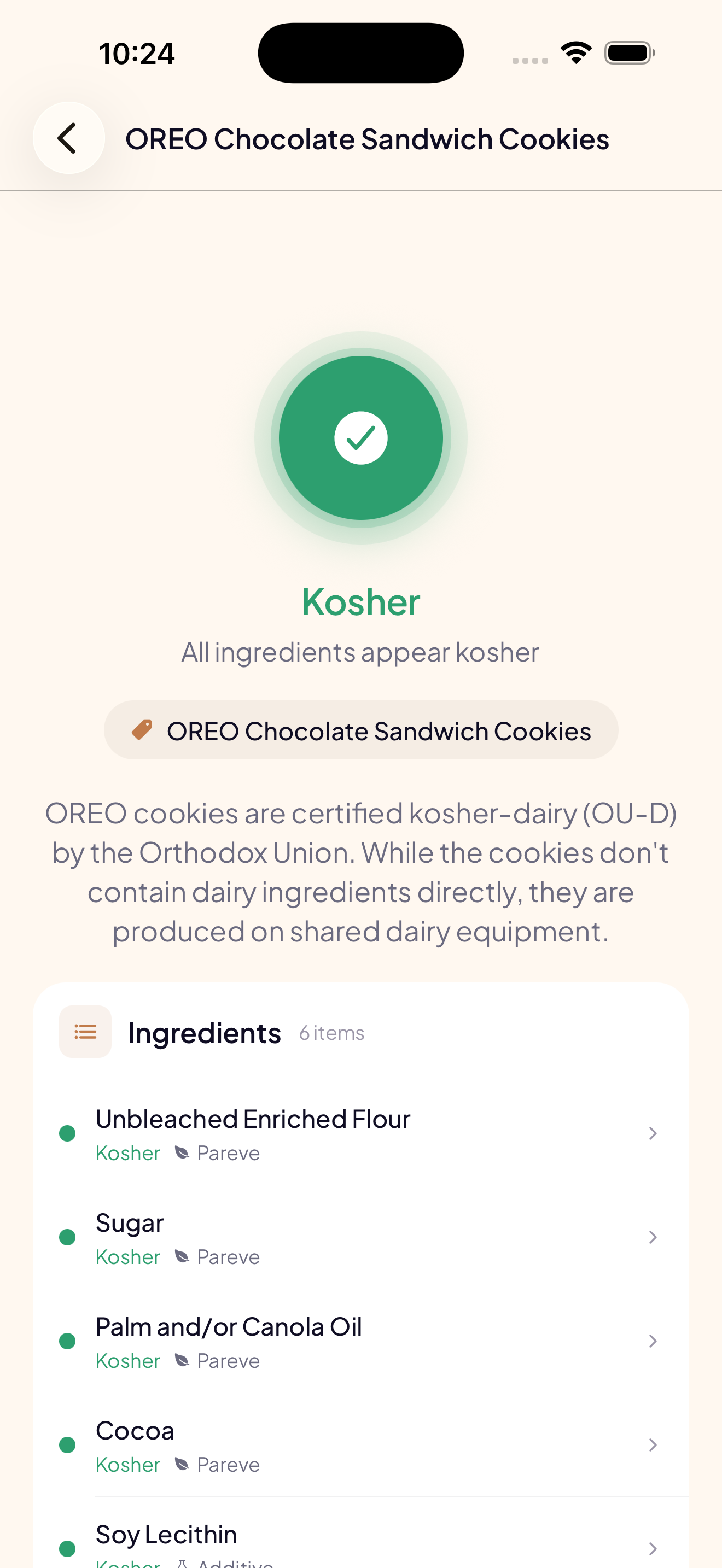 Kosher result showing all ingredients verified